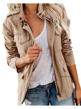 Womens Lightweight Cotton Twill Anorak Jacket Zip Up Snap Utility Safari Coat